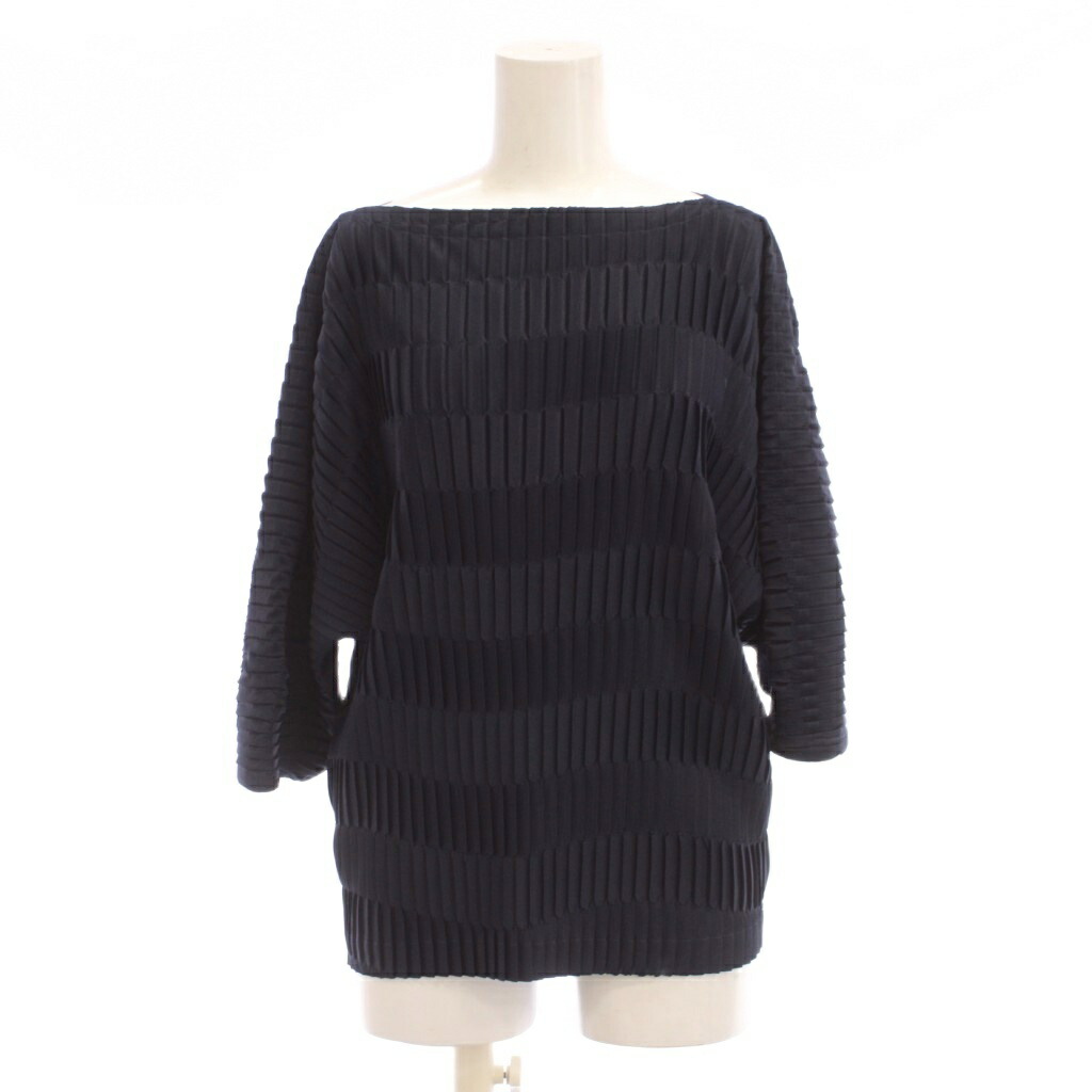 【中古】イッセイミヤケ ISSEY MIYAKE カットソー 2 紺 プリーツ加工 ボートネック 七分袖 IM91FJ174 /JP レディース 【ベクトル 古着】 260508｜ブランド古着ベクトルプレミアム店