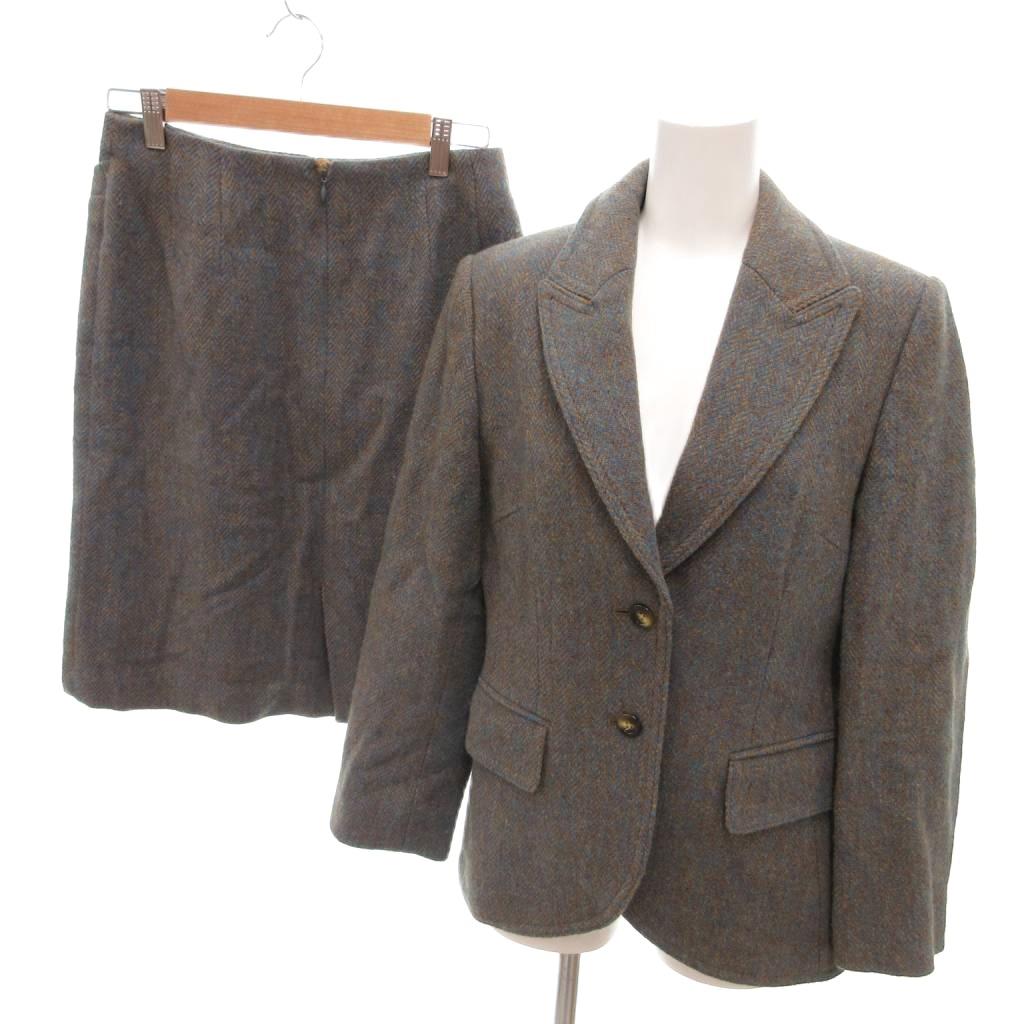 【中古】スキャパ SCAPA 美品 セットアップ フォーマル ウール 38 茶 ブラウン 水色 ライトブルー サイドベンツ ヘリンボーン柄 ミドル丈 ノッチドラペル 長袖 54207275104E /HW ■ECF001 レディース 【ベクトル 古着】 260213