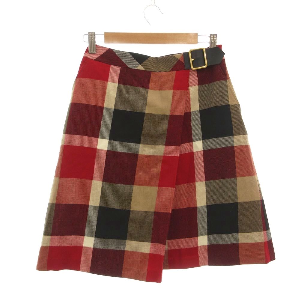 【中古】ブルーレーベルクレストブリッジ BLUE LABEL CRESTBRIDGE 美品 スカート チェック柄 ひざ丈 プリーツ ベルトデザイン 38 赤 レッド 黒 ブラック ベージュ /NU ■ECG007 レディース 【ベクトル 古着】 260708|ブランド古着ベクトルプレミアム店