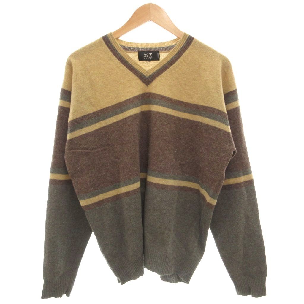 【中古】23区 オンワード樫山 オム HOMME ニット セーター 長袖 Vネック プルオーバー マルチボーダー F ベージュ グレー /GV ■ECG007 メンズ 【ベクトル 古着】 260709|ブランド古着ベクトルプレミアム店