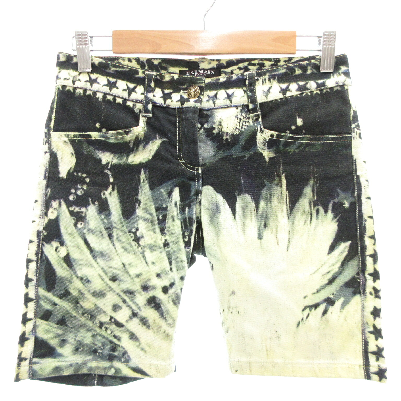 【中古】バルマン BALMAIN イーグル デニム ショートパンツ ショーツ ハーフ ジップフライ 総柄 34 黒 ブラック 黄 イエロー /GV ■GY44 レディース 【ベクトル 古着】 250815