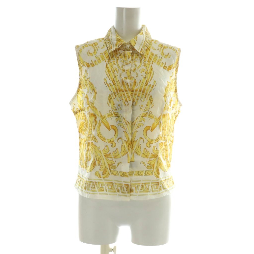 【中古】未使用品 ヴェルサーチジーンズシグネチャー VERSACE JEANS SIGNATURE シャツ ブラウス ノースリーブ 比翼ボタン 総柄 M 黄色 イエロー 白 ホワイト /XZ ■GY19 レディース 【ベクトル 古着】 250901