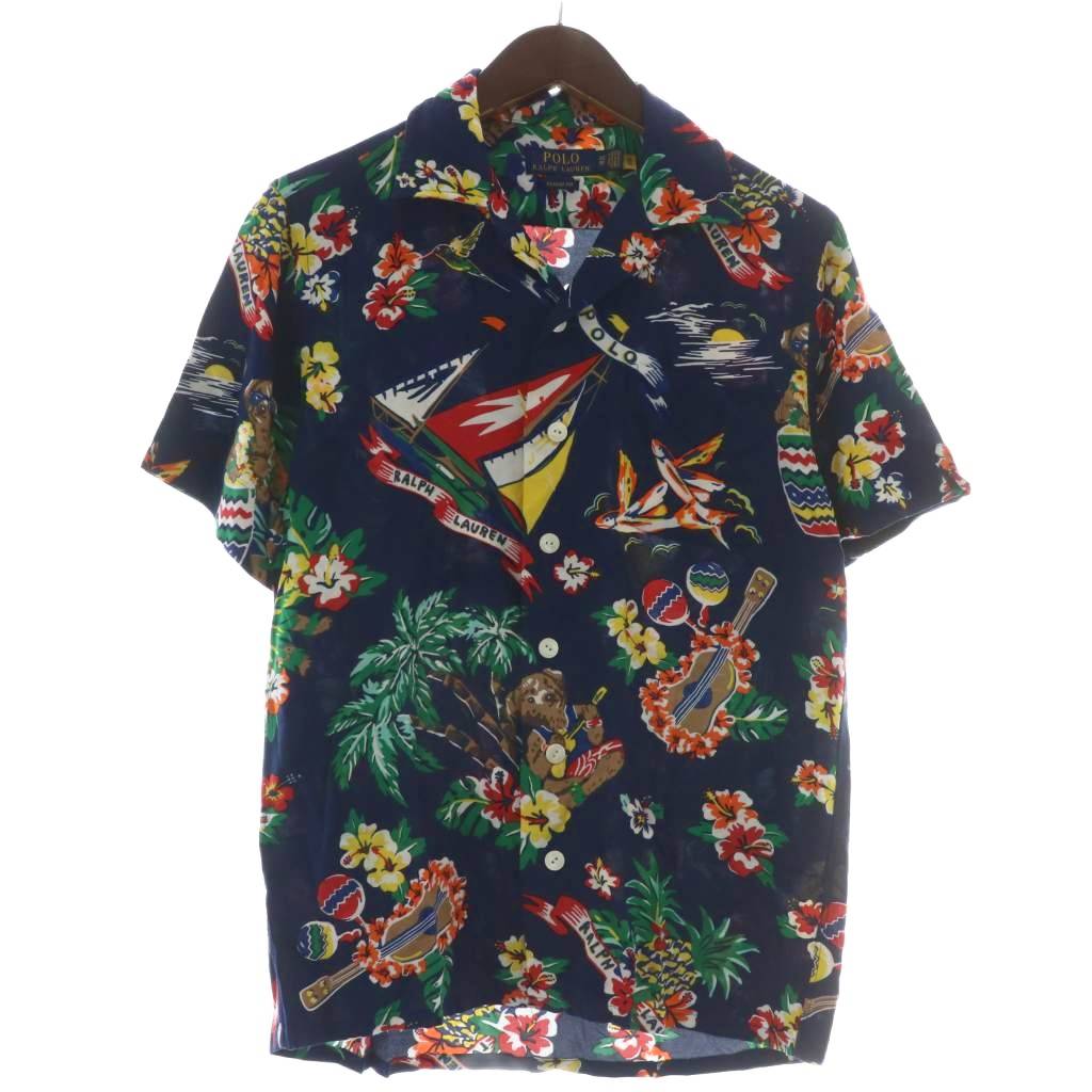 【中古】ポロ ラルフローレン POLO RALPH LAUREN 古典派音楽相応う CLASSIC FIT アロハシャツ 公々然たる色合い 半袖 総柄 ロゴタイプ XS 紺 米国海軍 /XZ ■GY44 メンズ 【ベクター 古着】 250913