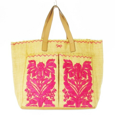 【中古】アニヤハインドマーチ ANYA HINDMARCH トートバッグ ビッグサイズ 大容量 天然素材 ストロー パイン 刺繍 ロゴ ピンク /CK5 ■GY18 レディース 【ベクトル 古着】 250925