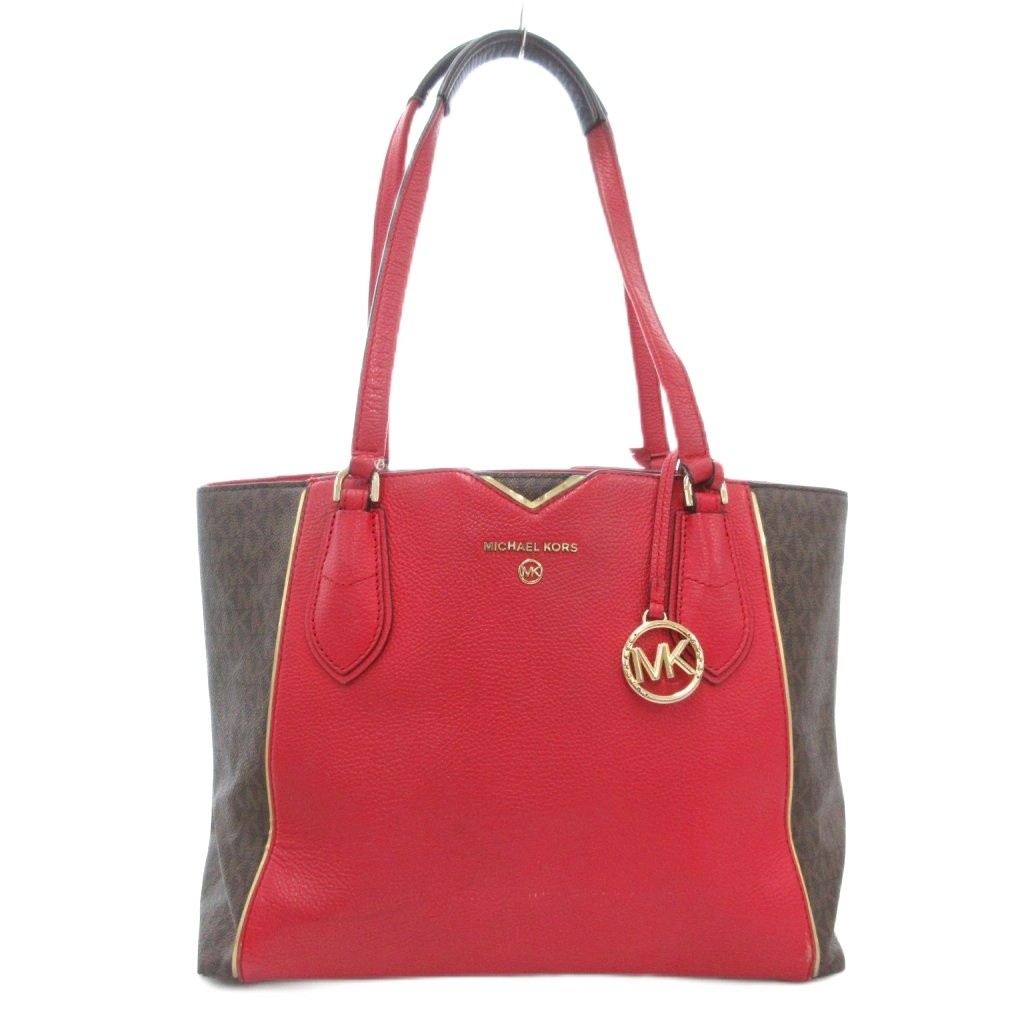【中古】マイケルコース MICHAEL KORS トートバッグ シグネチャー ロゴ 総柄 PVC レザー 赤 レッド 茶 ブラウン /AE ■GY18 レディース 【ベクトル 古着】 251106