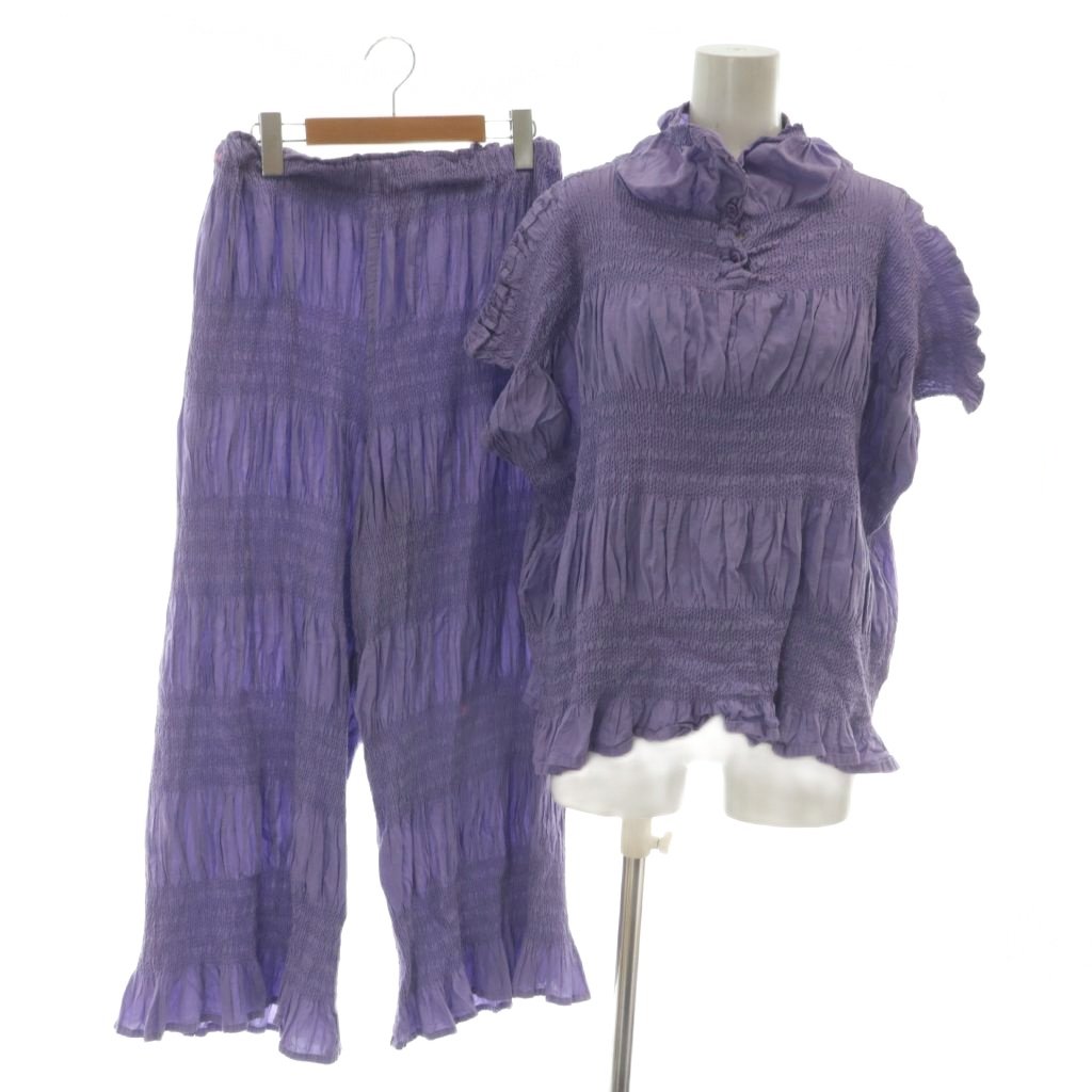 【中古】ミーイッセイミヤケ me ISSEY MIYAKE SHRINK STRIPE TOP PANTS セットアップ 上下 シャツ ブラウス 半袖 プリーツパンツ イージー シャーリング F 紫 パープル /XZ ■GY19 レディース 【ベクトル 古着】 251026