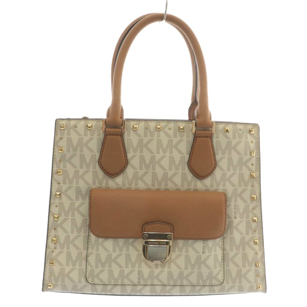 【中古】マイケルコース MICHAEL KORS トートバッグ ショルダー 2WAY PVC レザー シグネチャー 総柄 スタッズ ロゴ ゴールド金具 白 ホワイト 茶色 ブラウン 35F7GBDT6B /XZ ■GY18 レディース 【ベクトル 古着】 251102