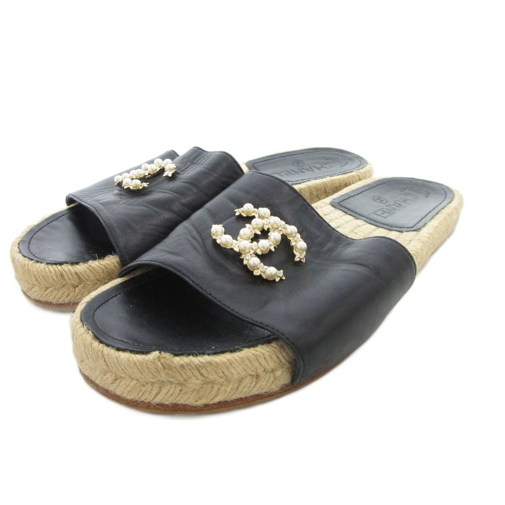【中古】シャネル CHANEL エスパドリーユサンダル ココマーク パールビジュー 38 黒 黒いこと /UO ■GY18  【ベクター 古着】 251127