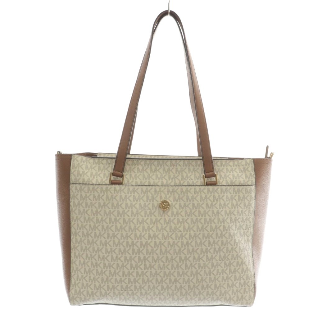 【中古】マイケルコース MICHAEL KORS MAISIE ラージ トートバッグ PVC レザー MKシグネチャー 総柄 ロゴ 白 ホワイト 茶色 ブラウン 35T1G5MT7B /XZ ■GY18 レディース 【ベクトル 古着】 251108