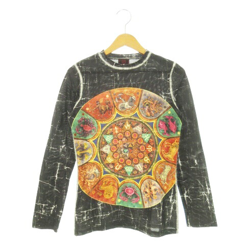 【中古】ジャンポールゴルチエ クラシック Jean Paul GAULTIER CLASSIQUE カットソー クルーネック 長袖 ストレッチ 12星座 総柄 40 L 黒 ブラック /AH3 ■GY18 レディース 【ベクトル 古着】 251118