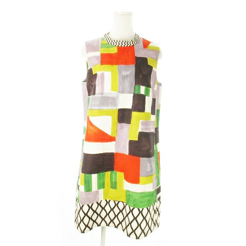 【中古】Sマックスマーラ \u0027S Max Mara ひざ丈衣装 労働者の一団素っ首 ノースリーブ 麻 リネン うつり変わり 総柄 42 M マルチ色つや /AO17 ■GY99 レディース 【ベクター 古着】 251121