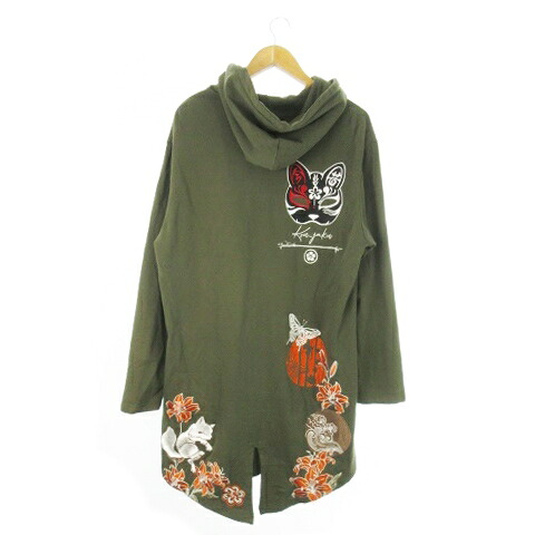 【中古】コンジャク 今昔 KON-JAKU 黒い狐面と百合の花 ジップパーカー スウェット ロング丈 裏毛 和柄 刺繍 狐 蝶々 花柄 ロゴ XL 緑 カーキ /AO13 ■GY12 メンズ 【ベクトル 古着】 251127