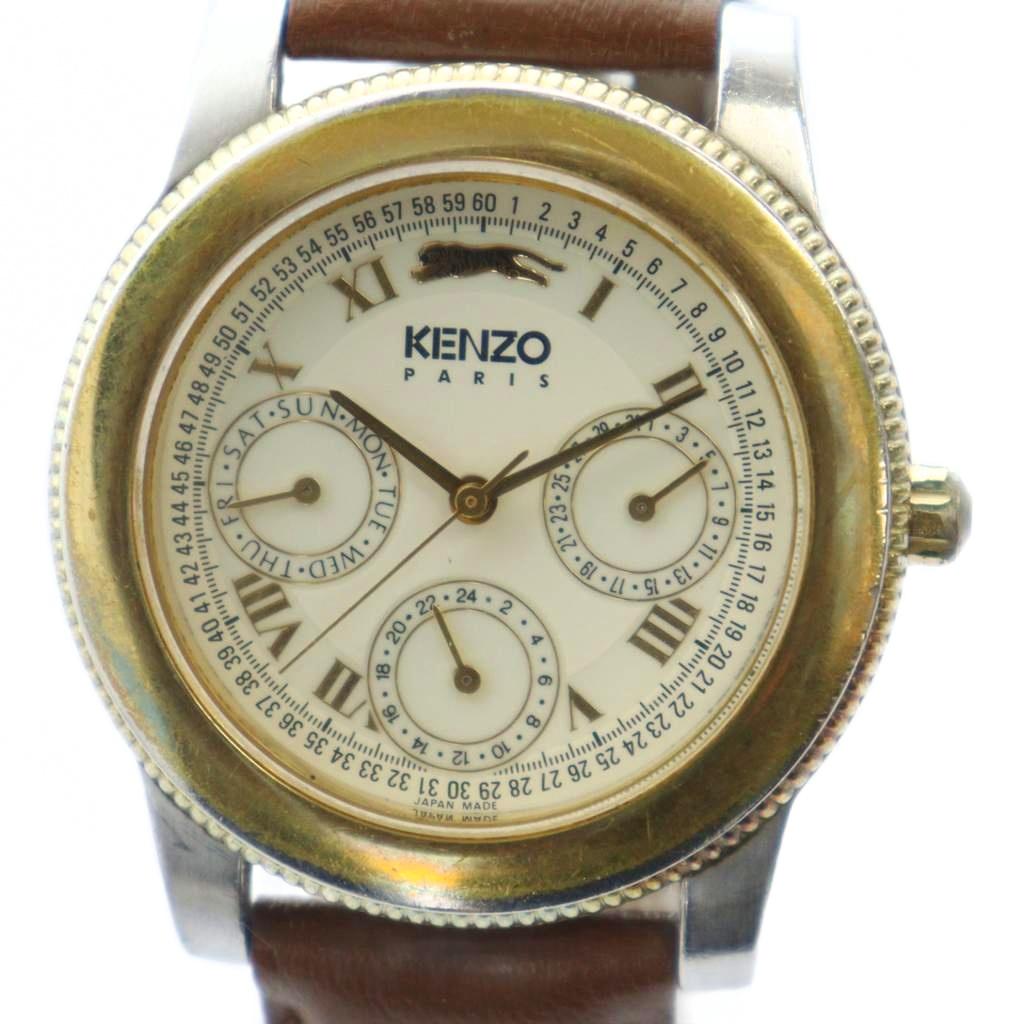【中古】ケンゾー KENZO ジャンク品 KN-2508 腕時計 ウォッチ クォーツ クロノグラフ レザーベルト ゴールド色 ■GY18 /MQ メンズ 【ベクトル 古着】 251225