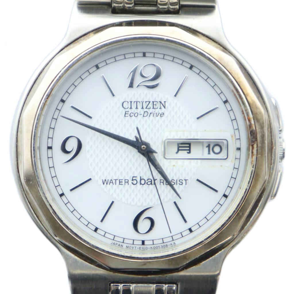 【中古】シチズン CITIZEN E100-K003334 エコドライブ 腕時計 ウォッチ 白文字盤 ロゴ カレンダー付き シルバー色 ■GY18 /MQ メンズ 【ベクトル 古着】 251128
