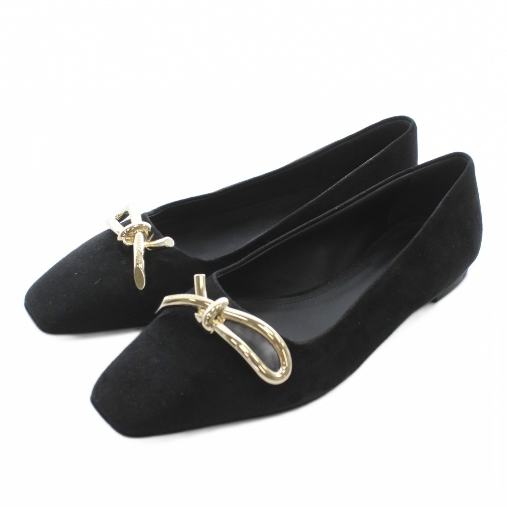 【中古】未使用品 サルヴァトーレフェラガモ Salvatore Ferragamo ANNIE パンプス フラットシューズ スエード スクエアトゥ ロゴ ゴールド金具 6.5 23.5cm-24cm 黒 ブラック /XZ ■GY19 レディース 【ベクトル 古着】 251130