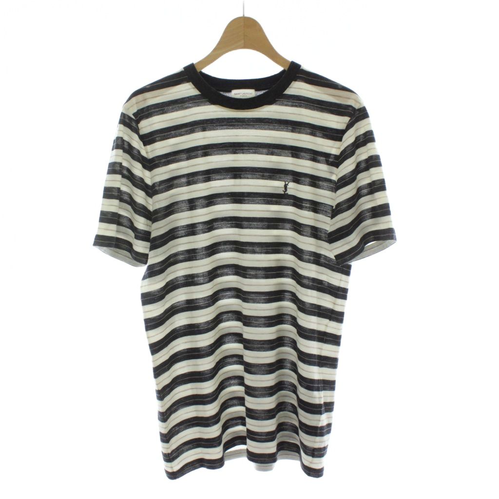 【中古】サンローラン パリ SAINT LAURENT PARIS 2020年製 Tシャツ ウール XS 黒 ブラック ベージュ ボーダー柄 ロゴ 半袖 633108 /PP ■GY19 メンズ 【ベクトル 古着】 251128
