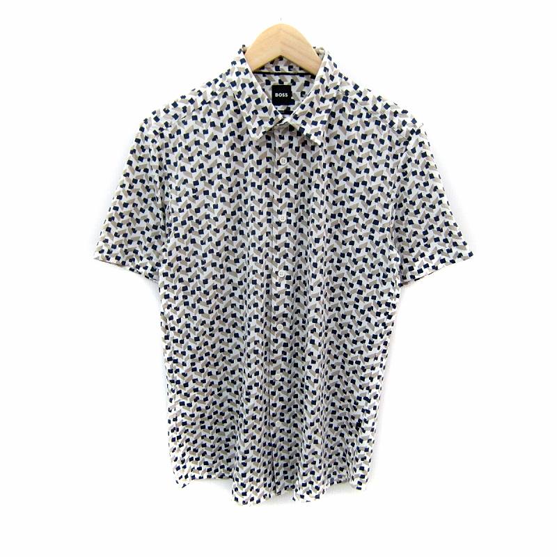 【中古】ヒューゴボス HUGO BOSS カジュアルシャツ 半袖 総柄 マルチカラー M ベージュ ネイビー /SY26 ■GY19 メンズ 【ベクトル 古着】 251202