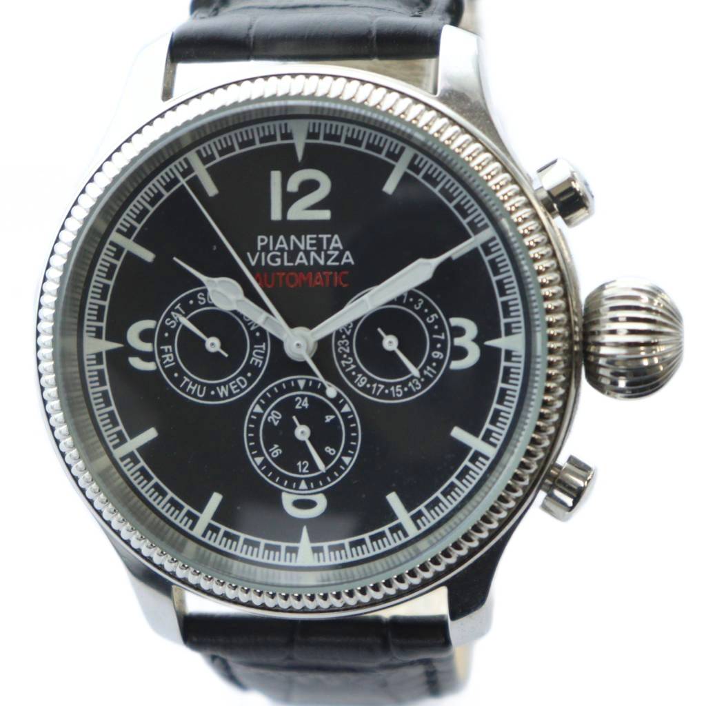 【中古】PIANETA VIGILANZA ピアネータ 腕時計 ウォッチ 自動巻き クロノグラフ シルバー色 黒文字盤 シルバー色 ■GY17 /MQ メンズ 【ベクトル 古着】 251207