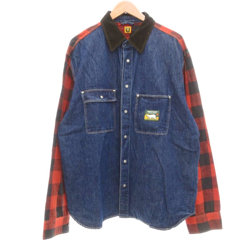 【中古】ヒューマンメイド HUMAN MADE Scout Shirt デニムパネル スカウトシャツ バッファローチェック柄 ロゴ刺繍 XXL インディゴブルー レッド HM28SH015 /UO ■GY18 メンズ 【ベクトル 古着】 260105