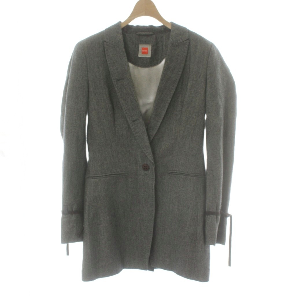 【中古】ヒューゴボス HUGO BOSS テーラードジャケット 麻 リネン 36 グレー ノッチドラペル 長袖 リボン袖 /PP ■GY03 レディース 【ベクトル 古着】 260109
