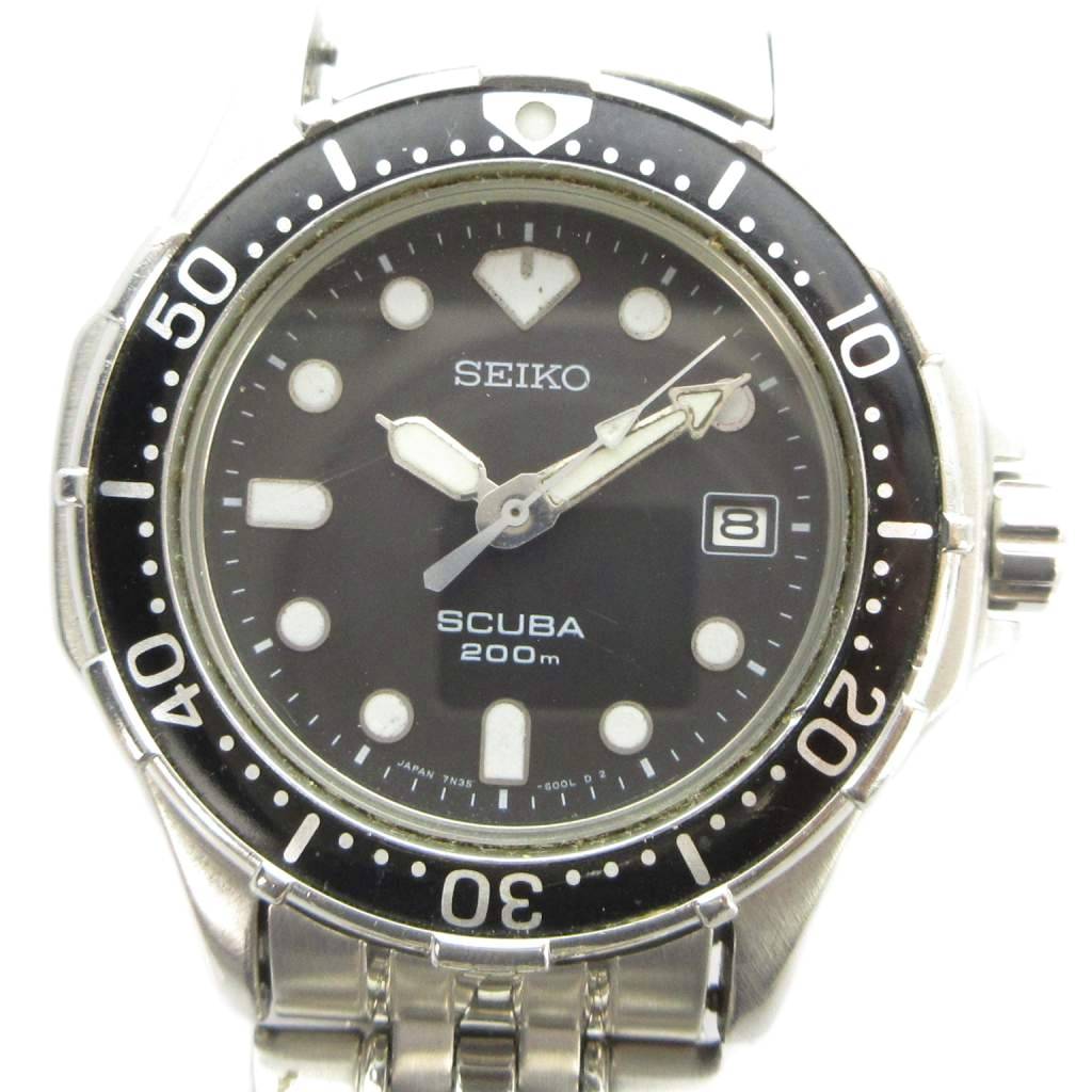 【中古】セイコー SEIKO 7M35-600A SCUBA スキューバ 200m 腕時計 ウォッチ クォーツ カレンダー付き デイト 黒文字盤 シルバー色 ■GY18 /MQ メンズ 【ベクトル 古着】 260416