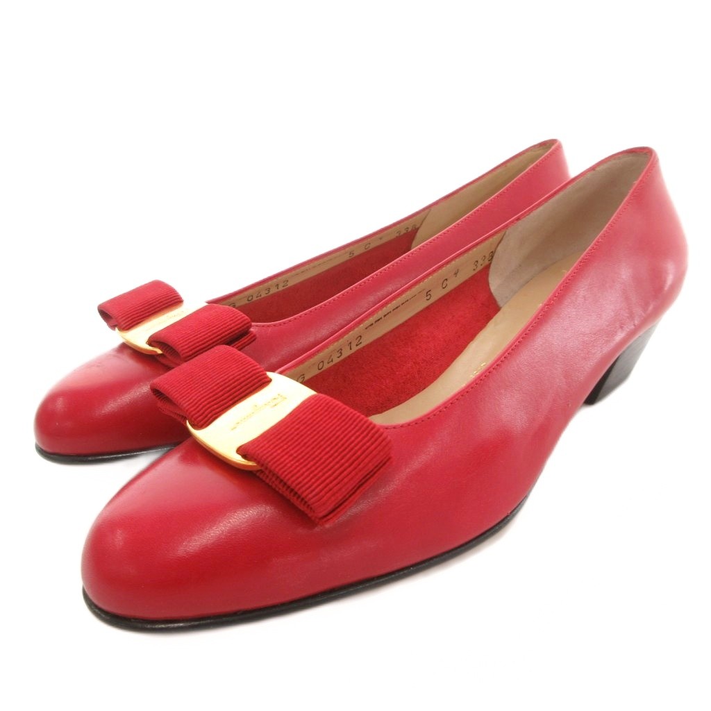 【中古】サルヴァトーレフェラガモ Salvatore Ferragamo ヴァラ リボン パンプス ローヒール ラウンドトゥ 5 赤 レッド DG 04312 /GV ■GY18 レディース 【ベクトル 古着】 260130