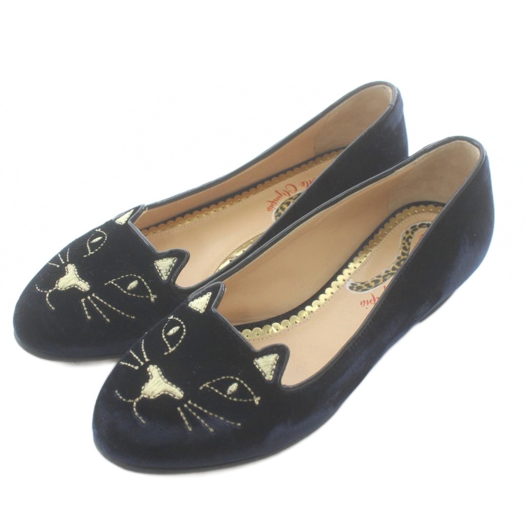 【中古】シャーロットオリンピア CHARLOTTE OLYMPIA フラットパンプス ベロア ラウンドトゥ 猫モチーフ キャット 刺繍 34.5 21.5cm 紺 ネイビー /XZ ■GY19 レディース 【ベクトル 古着】 260114