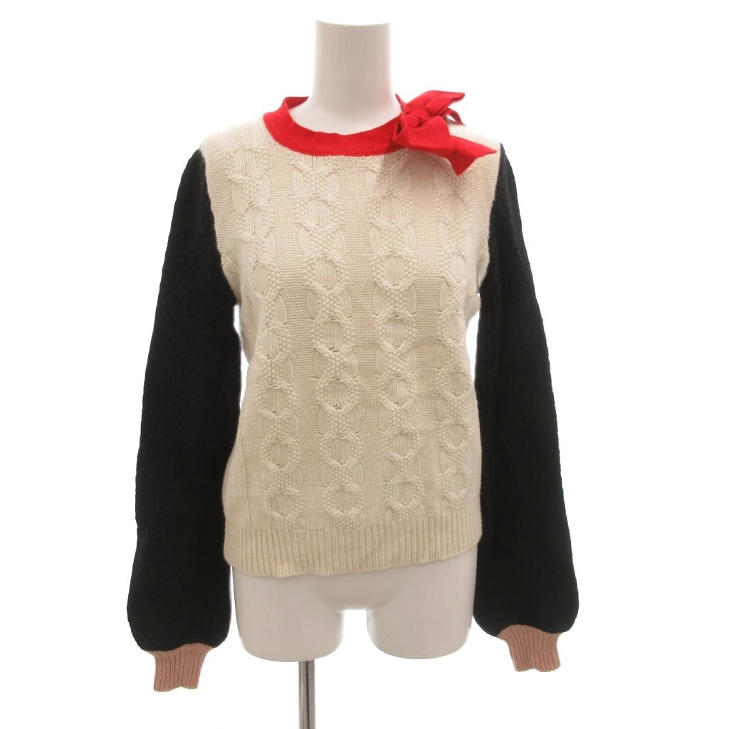 【中古】be blumarine ケーブルニット セーター カシミヤ混 リボン 長袖 34 ホワイト ブラック レッド /FF ■GY19 レディース 【ベクトル 古着】 260208