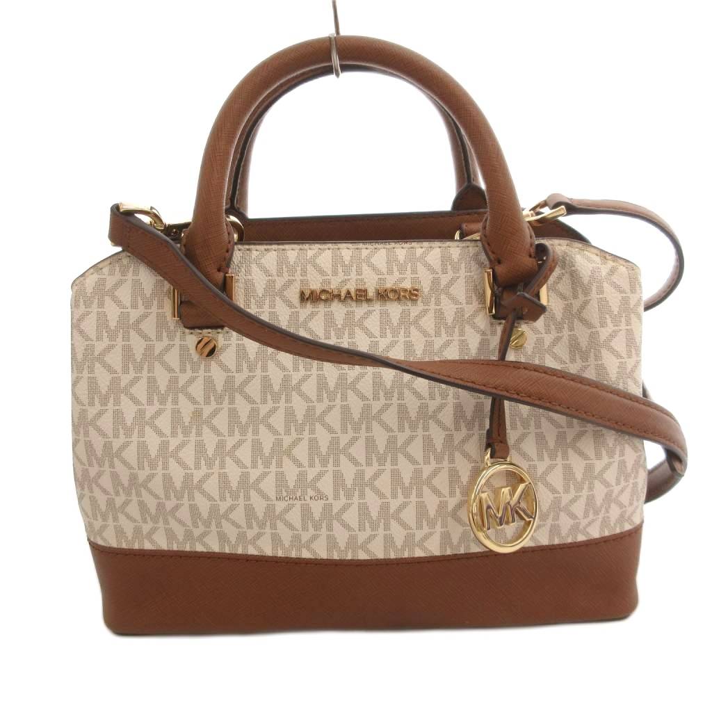 【中古】マイケルコース MICHAEL KORS ハンドバッグ ショルダー 2WAY PVC レザー ロゴチャーム 総柄 白 ホワイト 茶 ブラウン /FF ■GY13 レディース 【ベクトル 古着】 260209