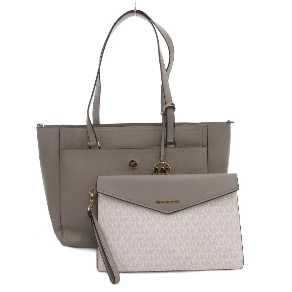【中古】マイケルコース MICHAEL KORS ハンドバッグ トート 肩掛け ポーチ付き MKロゴ レザー PVC グレー 白 ホワイト 35T1G5MT7T /GV ■GY11 レディース 【ベクトル 古着】 260209
