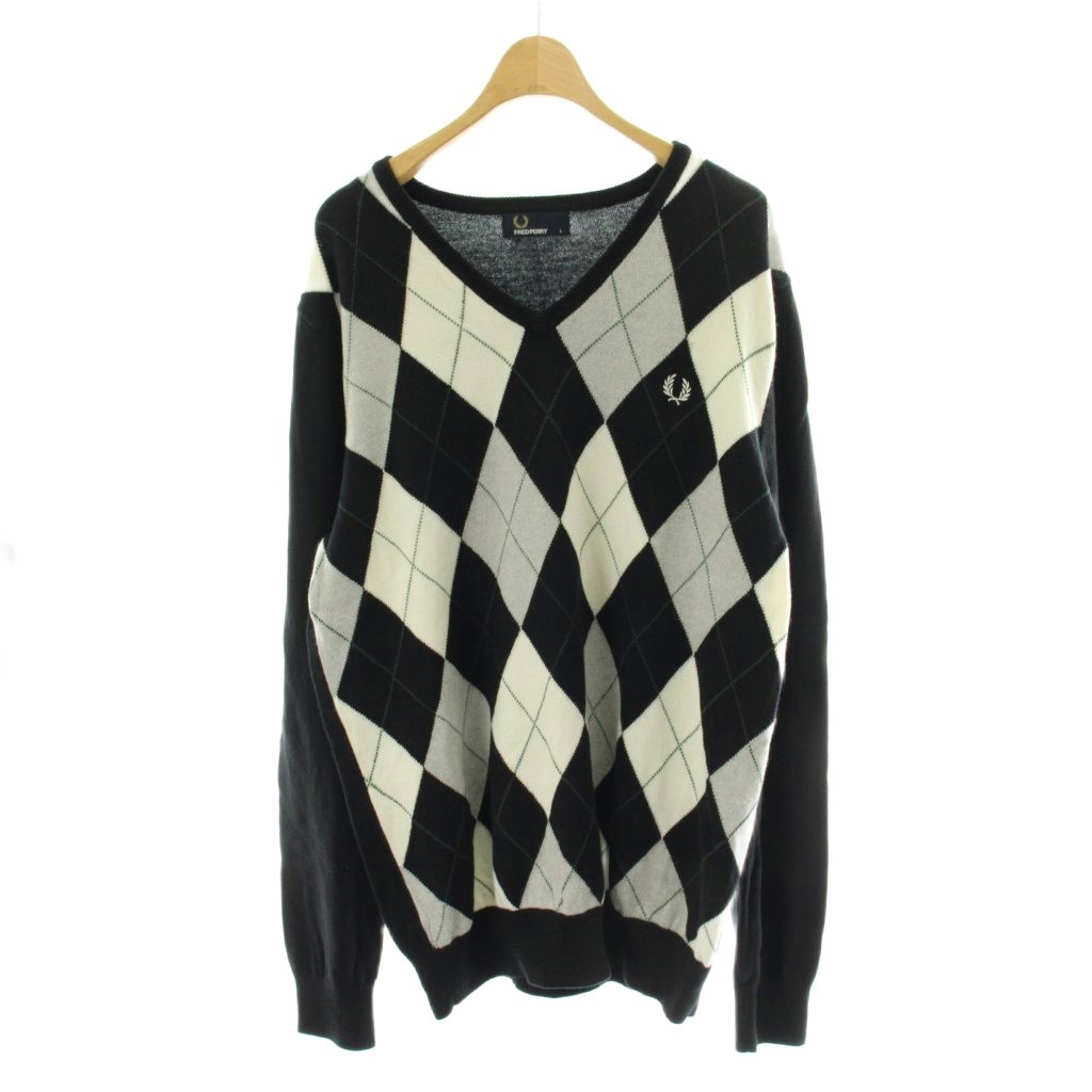【中古】フレッドペリー FRED PERRY アーガイルVネックセーター ニット ウール L 黒 ブラック グレー 長袖 トップス K1327 /PP ■GY01 メンズ 【ベクトル 古着】 260213