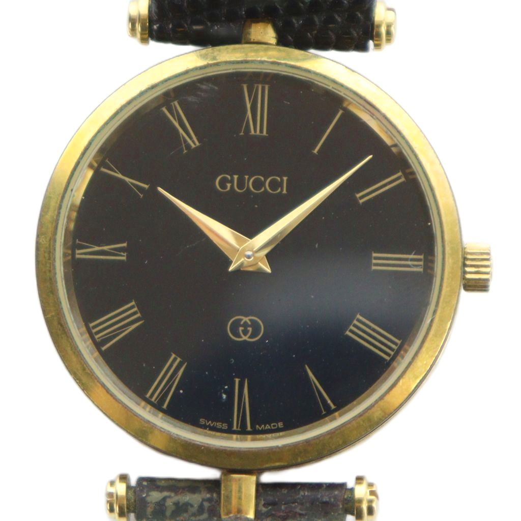 【中古】グッチ GUCCI ウオッチ 御覧になる 石英 人情本 黒文字盤 ロゴタイプ なめし革三尺帯 ゴールド色 ■GY18 /MQ ■OH レディース 【ベクター 古着】 260214