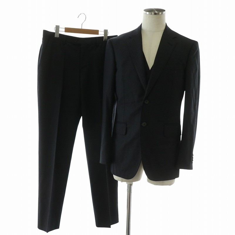 【中古】極点スミス PAUL SMITH LONDON Ermenegildo Zegna 背広 セットアップ 3天下太平 テーラードジャケット シングル 2B 総裏地 側面ベンツ より良い ズボン下 スラックス 羊毛 縞模様 L 紺 米国海軍 /KW ■GY18 メンズ 【ベクター 古着】 260122