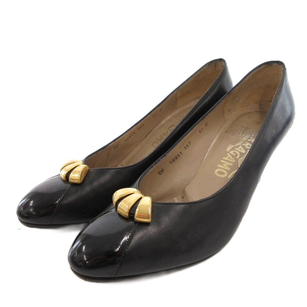 【中古】サルヴァトーレフェラガモ Salvatore Ferragamo パンプス プレーントゥ ゴールドカラー 金具 レザー 6.5 黒 ブラック /FF ■GY44 レディース 【ベクトル 古着】 260221