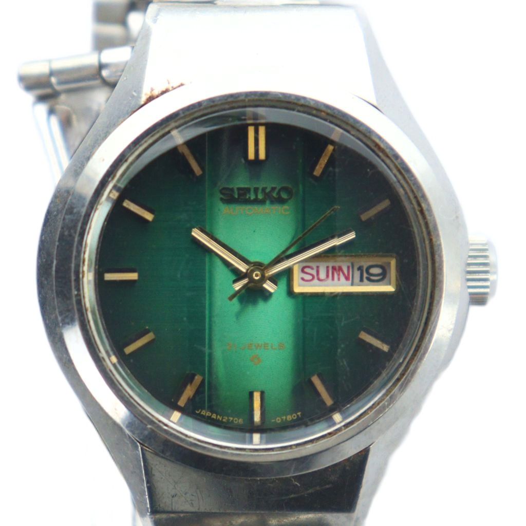 【中古】セイコー SEIKO 2706-0260 腕時計 ウォッチ 自動巻き デイデイト カレンダー付き 21石 カットガラス ラウンド 緑文字盤 シルバー色 ■GY18 /MQ レディース 【ベクトル 古着】 260131