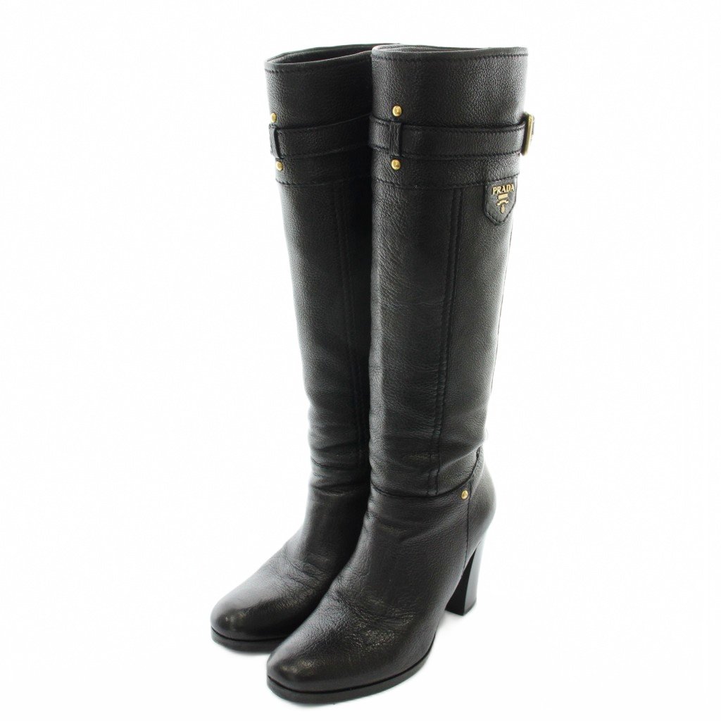 【中古】プラダ PRADA ロングブーツ なめし革 ラウンドトゥ ハイヒール ロゴタイプ ゴールド金具 36.5 23.5糎 黒 黒いこと /XZ ■GY18 レディース 【ベクター 古着】 260204