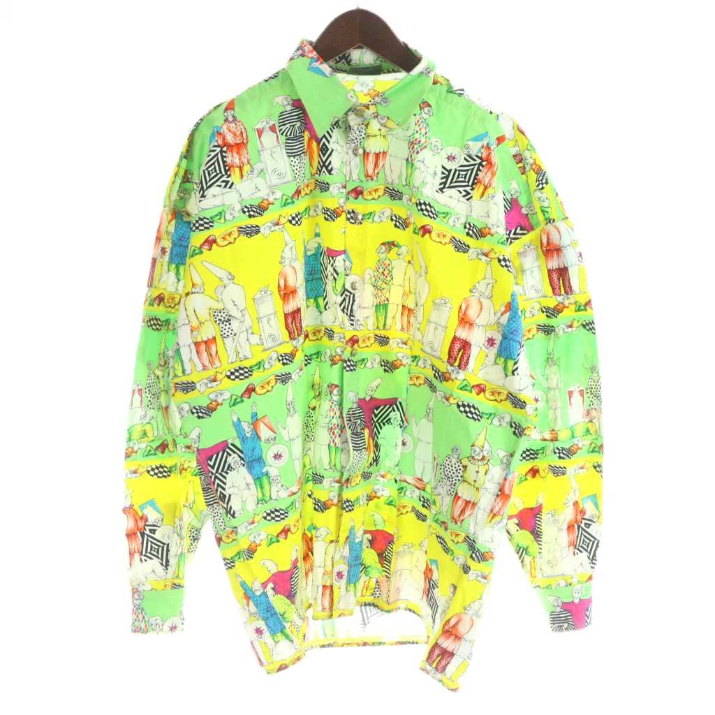 【中古】ヴェルサーチジーンズ VERSACE JEANS COUTURE イタリア製 カジュアルシャツ グラフィックプリントシャツ 長袖 総柄 L 緑 グリーン 黄 イエロー /MW ■GY18 メンズ 【ベクトル 古着】 260226