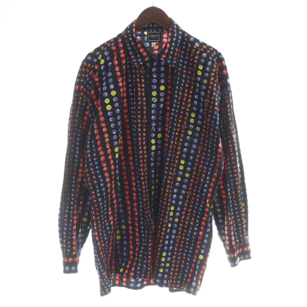 【中古】ヴェルサーチジーンズ VERSACE JEANS COUTURE イタリア製 カジュアルシャツ グラフィックプリントシャツ 長袖 果物柄 総柄 L 黒 ブラック /MW ■GY18 メンズ 【ベクトル 古着】 260214｜ブランド古着ベクトルプレミアム店