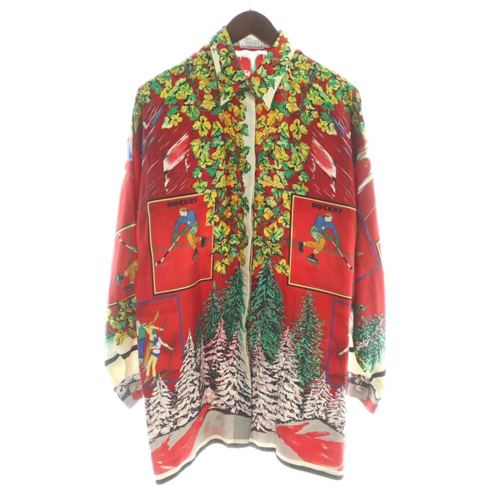 【中古】ヴェルサーチ ヴェルサーチェ VERSACE SPORT スポーツ シャツ ブラウス 長袖 シルク ウィンタースポーツ ボタニカル 総柄 42 L 赤 レッド マルチカラー /MW ■GY18 レディース 【ベクトル 古着】 260214｜ブランド古着ベクトルプレミアム店