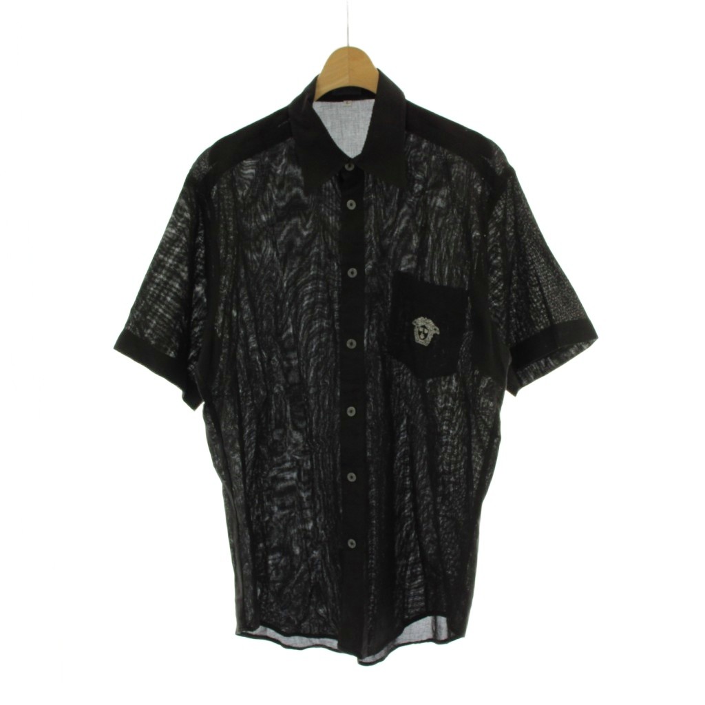【中古】ヴェルサーチジーンズ VERSACE JEANS COUTURE シャツ L 黒 ブラック 半袖 メッシュ柄 メデューサプリント 胸ポケット トップス /PP ■GY18 メンズ 【ベクトル 古着】 260219