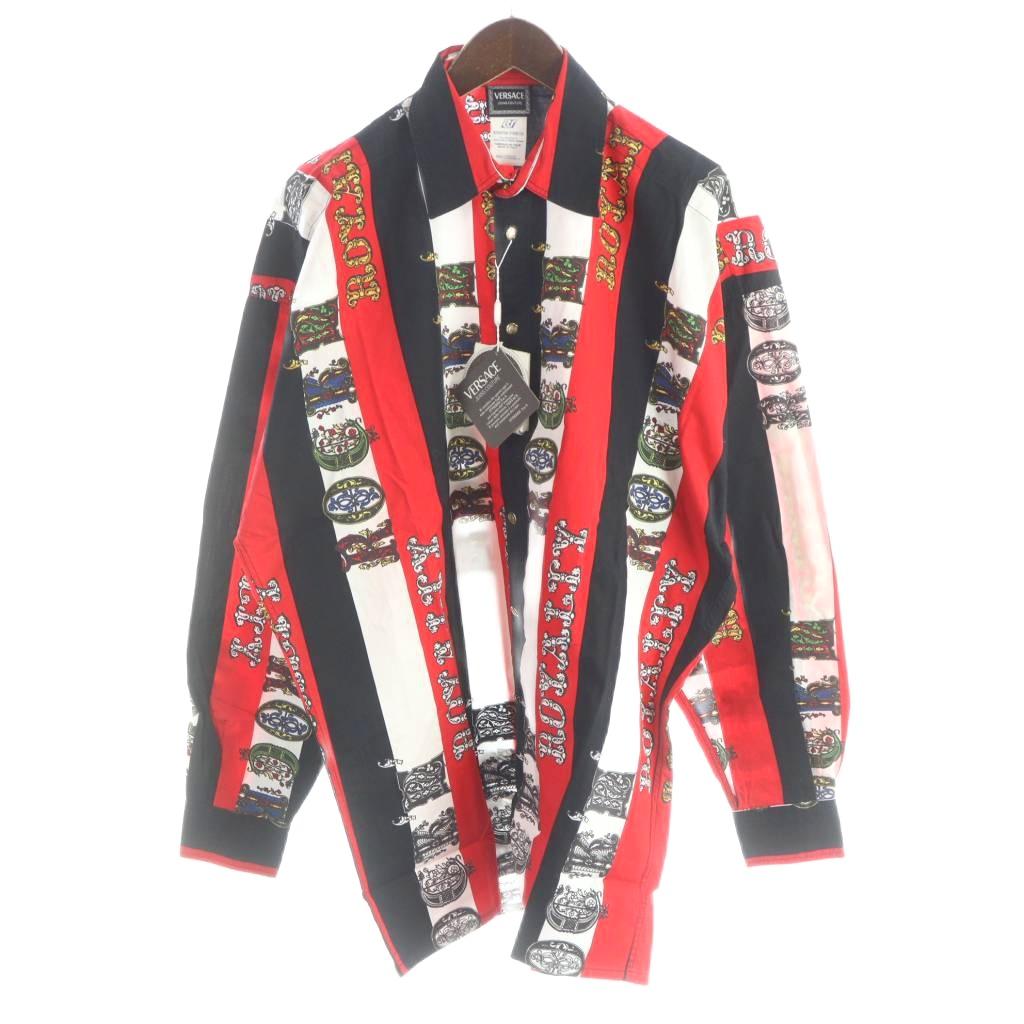 【中古】未使用品 ヴェルサーチジーンズ VERSACE JEANS COUTURE イタリア製 カジュアルシャツ グラフィックプリントシャツ 長袖 総柄 ストライプ M 黒 ブラック 赤 レッド /MW ■GY18 メンズ 【ベクトル 古着】 260226
