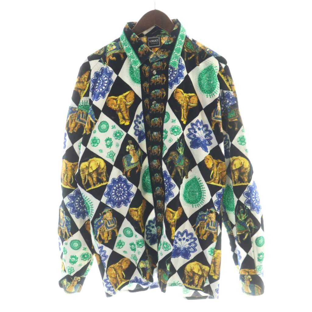 【中古】ヴェルサーチジーンズ VERSACE JEANS COUTURE コーデュロイシャツ 長袖 エレファント 動物柄 総柄 L 黒 ブラック 白 ホワイト /MW ■GY1 メンズ 【ベクトル 古着】 260214｜ブランド古着ベクトルプレミアム店