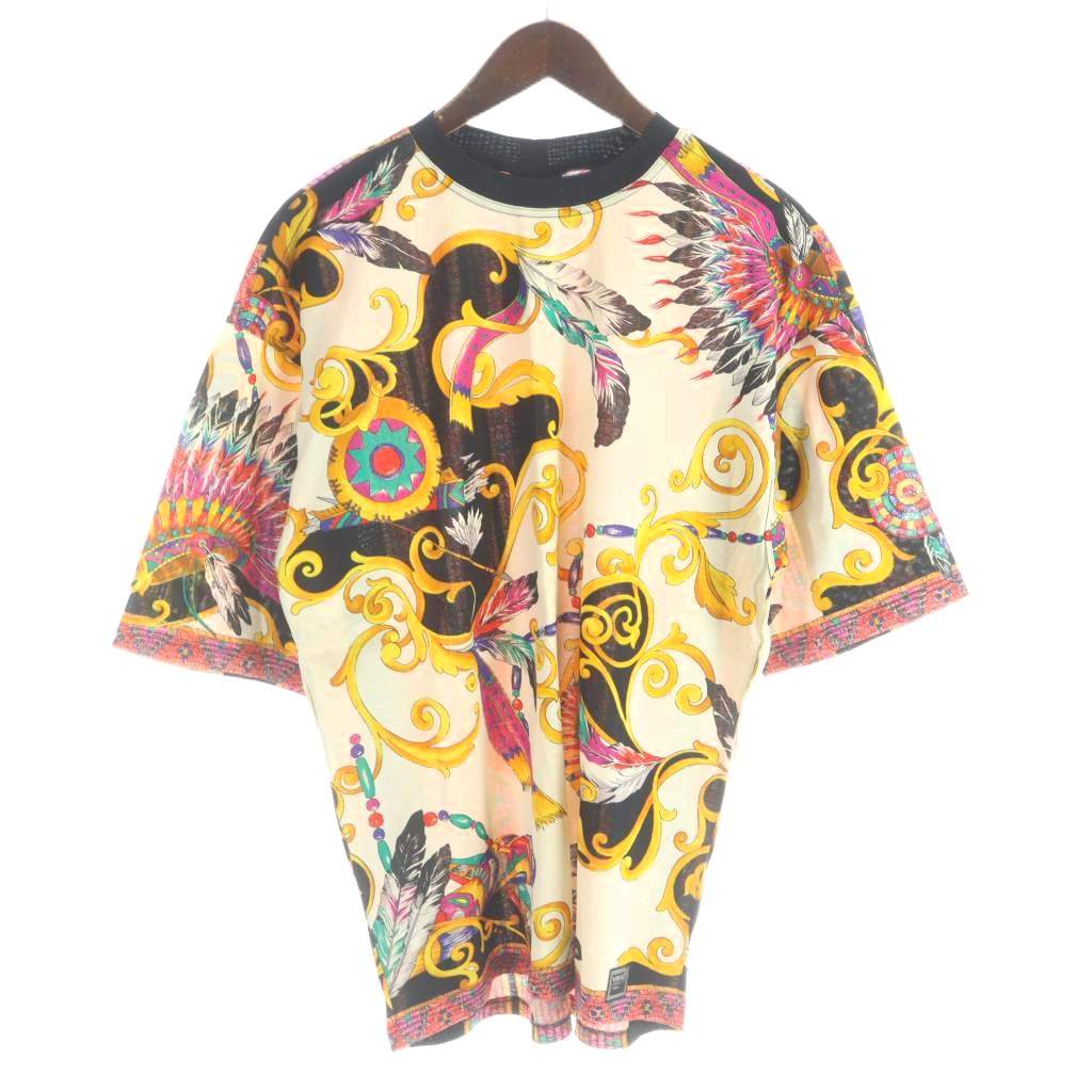 【中古】ヴェルサーチジーンズ VERSACE JEANS COUTURE Tシャツ 半袖 総柄 バロック M アイボリー 黒 ブラック マルチカラー /MW ■GY18 メンズ 【ベクトル 古着】 260227