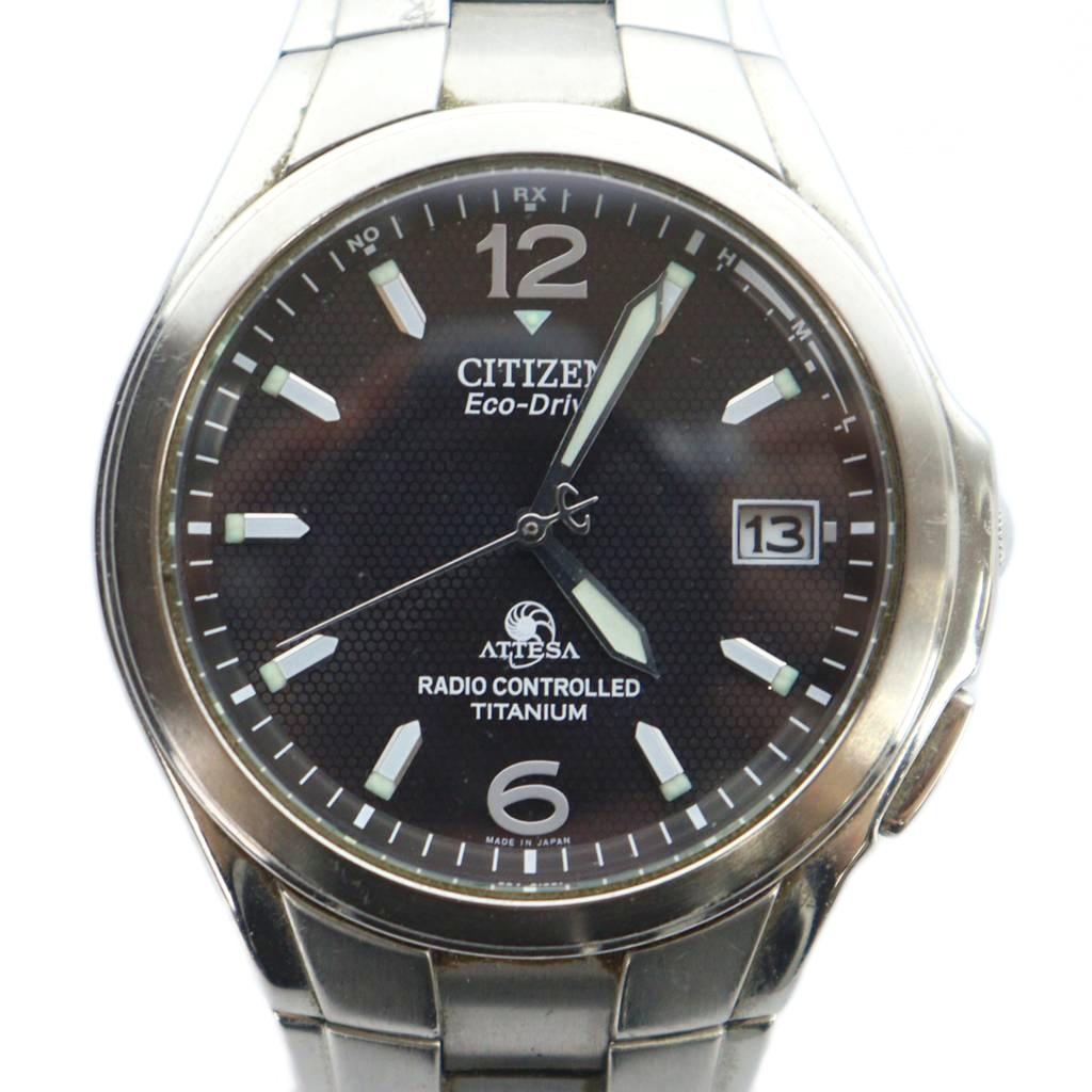 【中古】シチズン CITIZEN H410-T003788 ATTESA アテッサ Eco-Drive 腕時計 ウォッチ ソーラー デイト カレンダー付き 黒文字盤 シルバー色 ■GY18 /MQ メンズ 【ベクトル 古着】 260214
