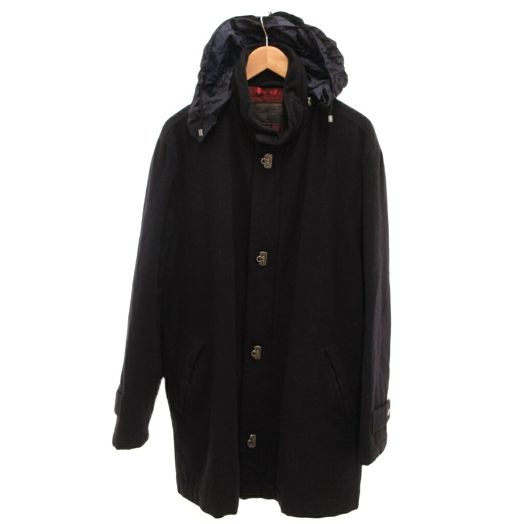 【中古】サルヴァトーレフェラガモ Salvatore Ferragamo コート カシミヤ混 ガンチーニフック フード付き イタリア製 ジップアップ 50 紺 ネイビー /JS ■GY42 メンズ 【ベクトル 古着】 260221