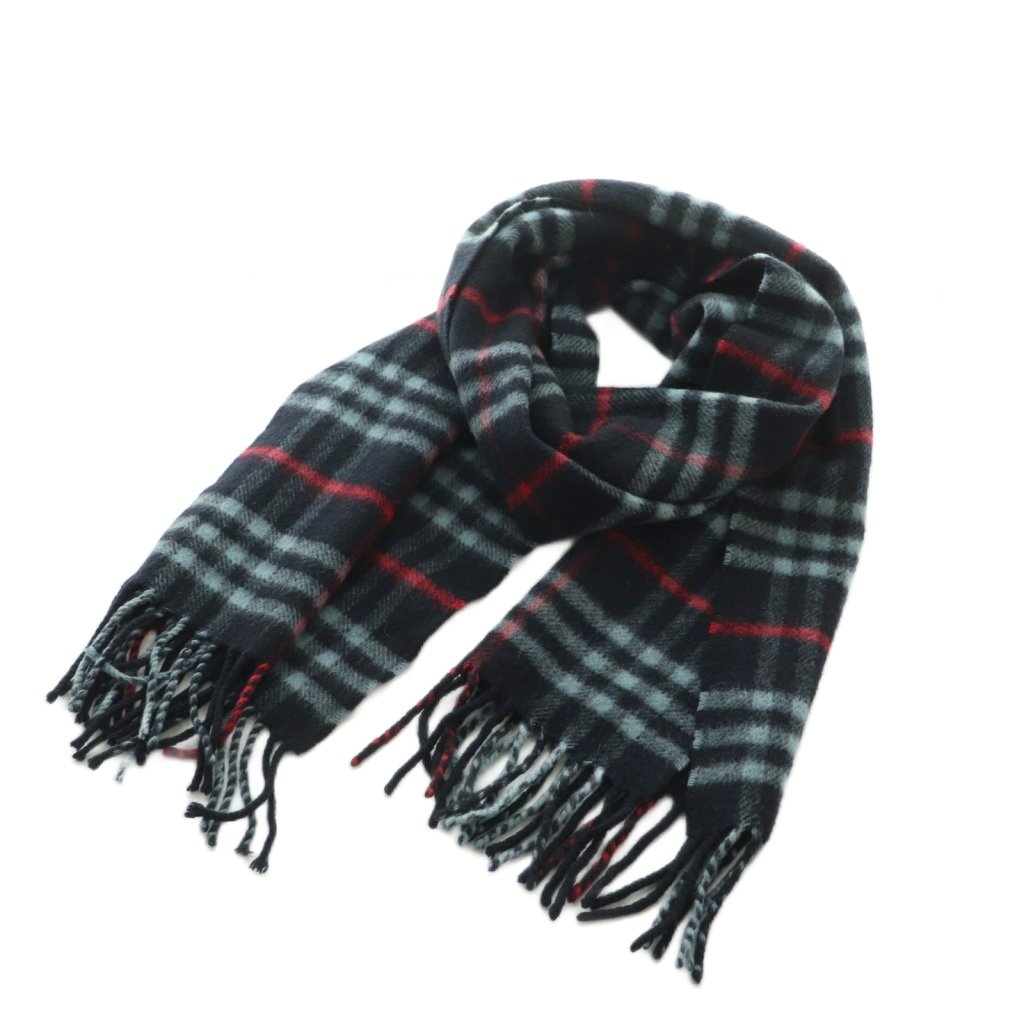 【中古】バーバリーズ Burberrys えり巻き 照合のしるし柄 フリンジ カシミール 紺 赤 /MI ■GY11 レディース 【ベクター 古着】 260318
