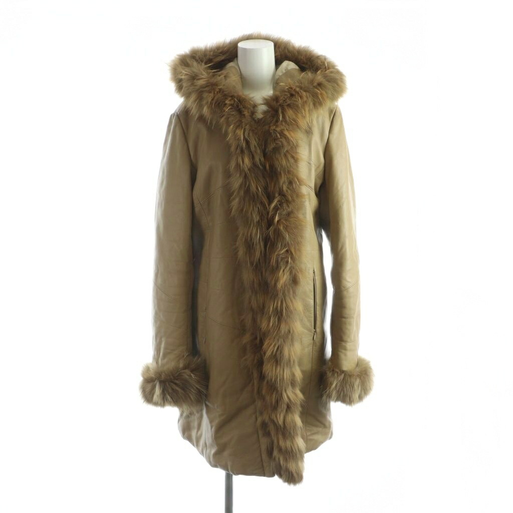 【中古】バルマン BALMAIN ロングコート 長袖 フード レザー 羊革 フォックスファー 茶 ブラウン ■GY18 /MQ レディース 【ベクトル 古着】 260225