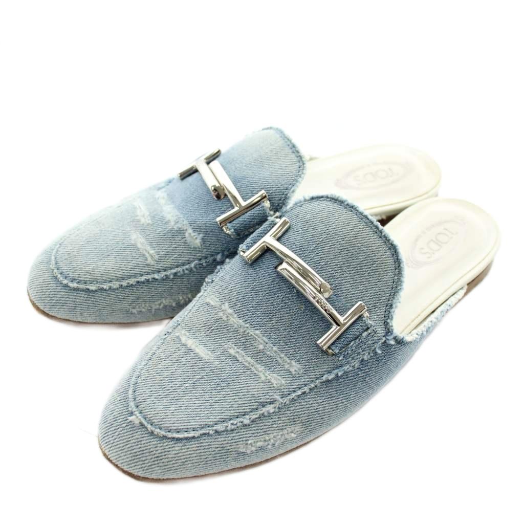 【中古】トッズ TOD'S ダブルT デニム レザー ミュール スリッポン フラット 35 22.5cm シルバー金具 青 ブルー /XZ ■GY19 レディース 【ベクトル 古着】 260218