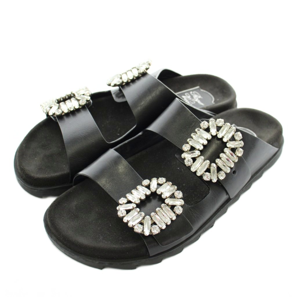 【中古】ロジェヴィヴィエ ROGER VIVIER スライディー ヴィヴ ストラス バックル SLIDY VIV STRASS BUCKLE サンダル フラット レザー ビジュー クリスタル 36 23cm 黒 ブラック /XZ ■GY19 レディース 【ベクトル 古着】 260218｜ブランド古着ベクトルプレミアム店