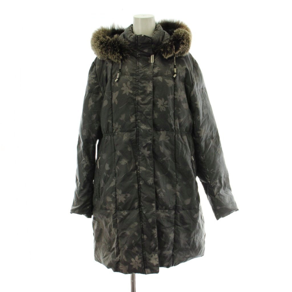 【中古】バルマン BALMAIN ダウンコート M グレー フードファー ブルーフォックス 総柄 ミドル丈 OF127D-90F /PP ■GY44 レディース 【ベクトル 古着】 260226